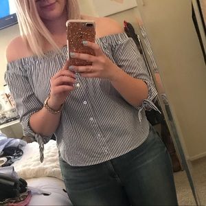 Blue and White Striped Off the Shoulder top